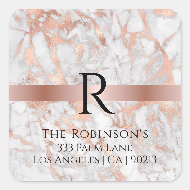 Schwarzes Monogramm und Name, Weißes und Rose-Gold Quadratischer Aufkleber (Vorderseite)