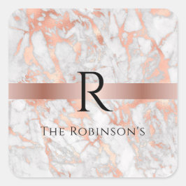 Schwarzes Monogramm und Name, Weißes und Rose-Gold Quadratischer Aufkleber