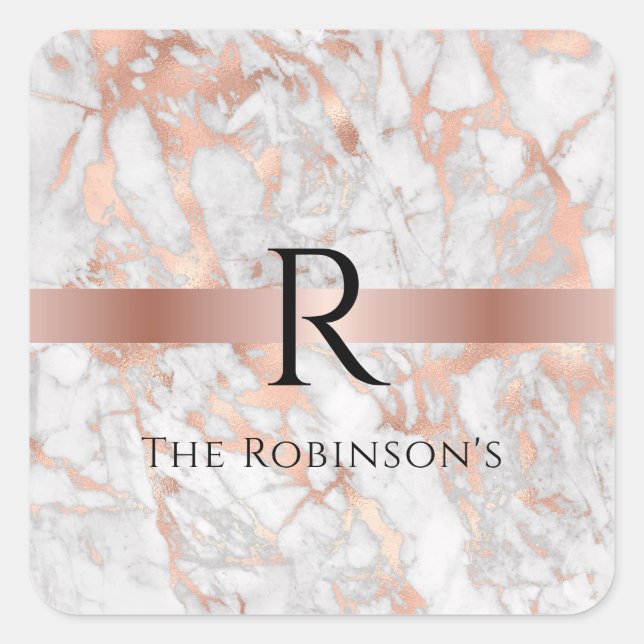 Schwarzes Monogramm und Name, Weißes und Rose-Gold Quadratischer Aufkleber (Vorderseite)