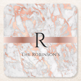 Schwarzes Monogramm und Name, Weißes und Rose-Gold Rechteckiger Pappuntersetzer