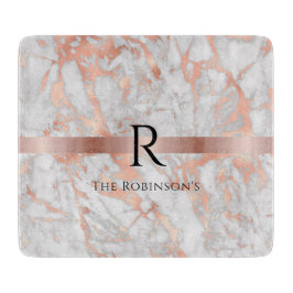 Schwarzes Monogramm und Name, Weißes und Rose-Gold Schneidebrett