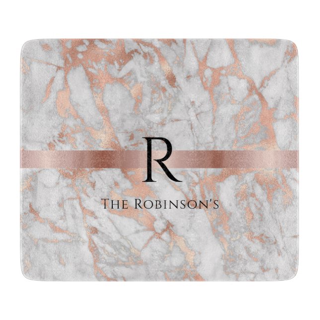 Schwarzes Monogramm und Name, Weißes und Rose-Gold Schneidebrett (Vorderseite)