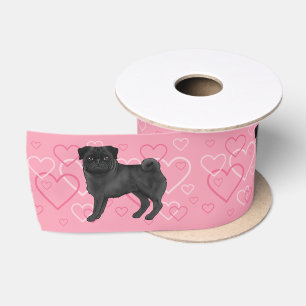 Schwarzes Mops-Hund-Cartoon wischt und Herzen Must Satinband