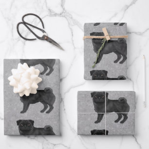 Schwarzes Mops-Hundedesign auf Grau Geschenkpapier Set