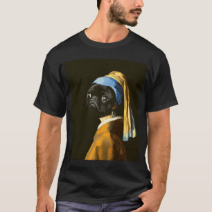 Schwarzes Mops-Porträt Mädchen mit einem Perlenohr T-Shirt