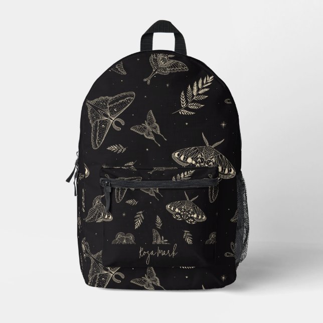 Schwarzes Moth Butterfly-Muster Bedruckter Rucksack (Vorderseite)