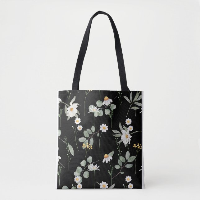 Schwarzes Muster der botanischen Blume Tasche (Vorderseite)