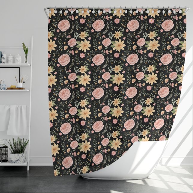 Schwarzes Muster für Vintage Wildblume Rose Duschvorhang (Black Elegant Vintage Wildflower Rose Pattern Shower Curtain
)