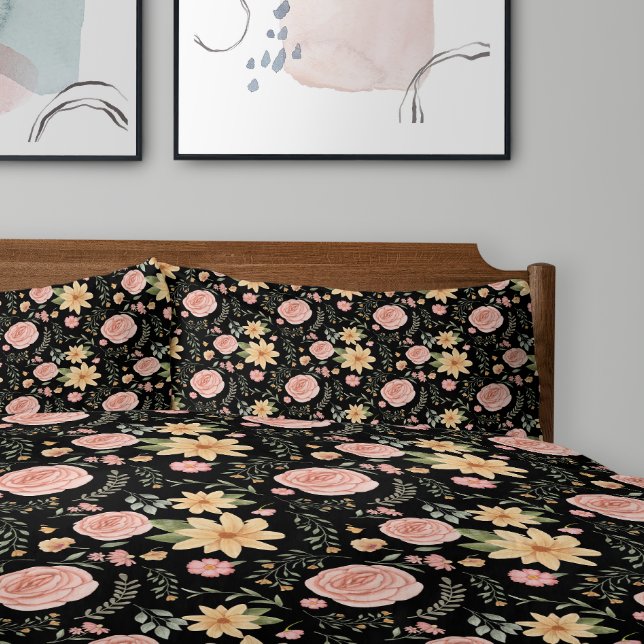 Schwarzes Muster für Vintage Wildblume Rose Kissenbezug (Black Elegant Vintage Wildflower Rose Pattern Pillow Case)