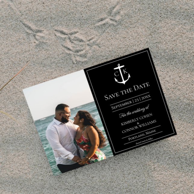Schwarzes Nautikmonogramm-Foto Save The Date (Black Nautical Monogram Photo Save the Date)