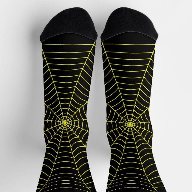 Schwarzes Neongelbes Spinnennetz Halloween-Muster Socken (Oben)
