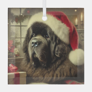 Schwarzes Newfie in der Weihnachtsmannmütze Weihna Ornament Aus Glas