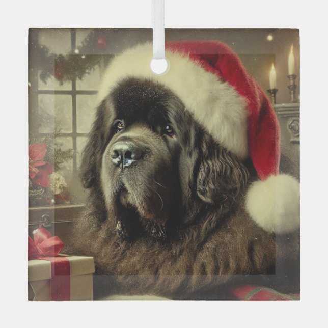 Schwarzes Newfie in der Weihnachtsmannmütze Weihna Ornament Aus Glas (Vorderseite)