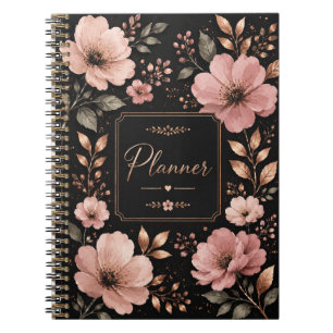Schwarzes Notizbuch mit Rosen-Gold-Blumenmuster Notizblock