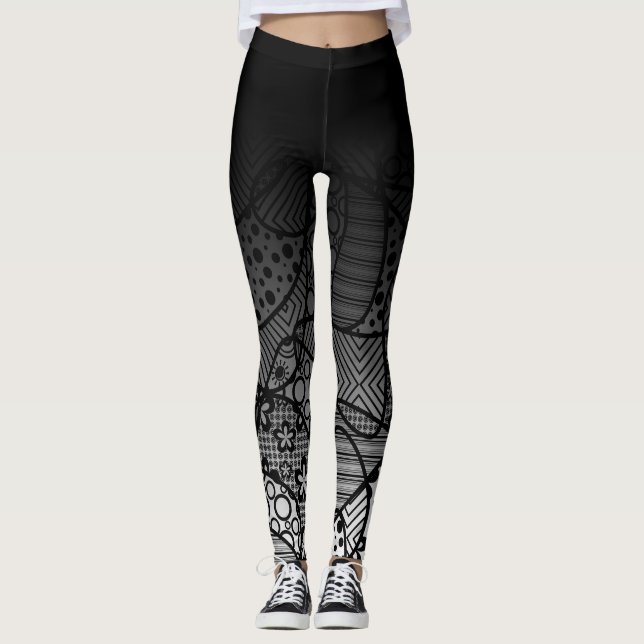 Schwarzes Ombre mit schwarzem u. weißem Muster Leggings (Vorderseite)