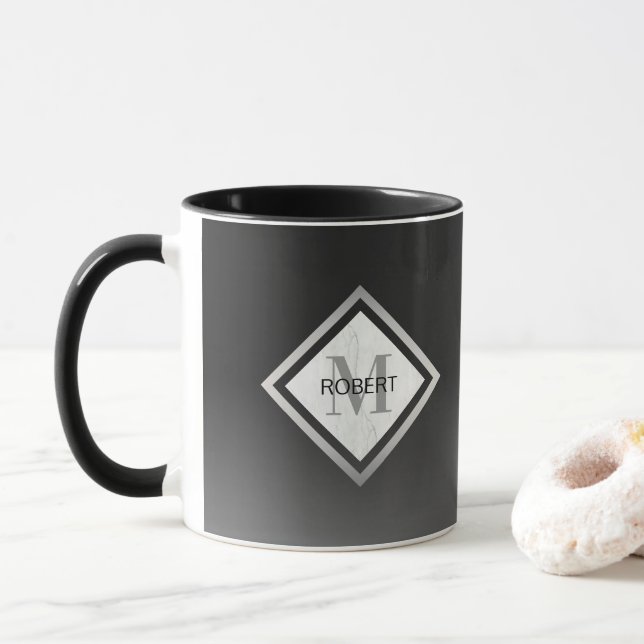 Schwarzes Ombre-Silber-Marmor-Monogramm Tasse (Mit Donut)
