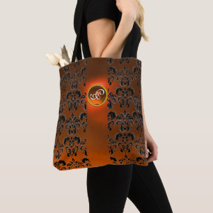 SCHWARZES ORANGE DAMAST BLUMENMONOGRAMM MIT EDELST TASCHE