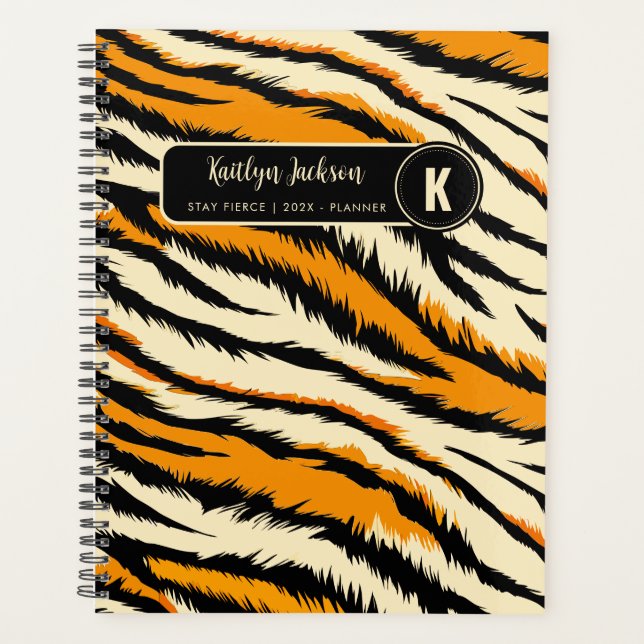Schwarzes Orange Tiger Streifen Muster Monogramm Planer (Vorderseite)
