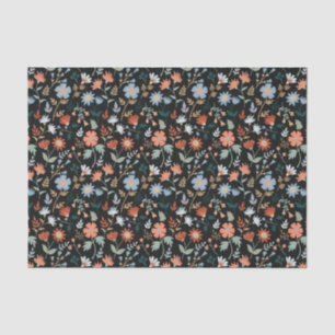 Schwarzes Orangenblau, botanisches Blumenmuster Seidenpapier