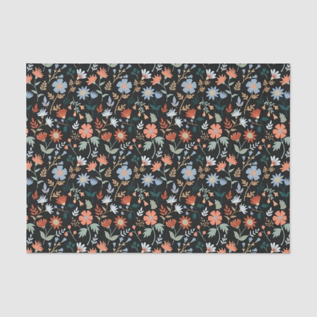 Schwarzes Orangenblau, botanisches Blumenmuster Seidenpapier (Vorderseite)