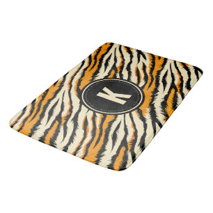 Schwarzes Oranges Tiger-Streifen-Muster-Monogramm Badematte