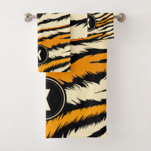 Schwarzes oranges Tiger-Streifen-Muster-Monogramm Badhandtuch Set