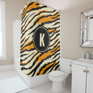 Schwarzes Oranges Tiger-Streifen-Muster-Monogramm Duschvorhang