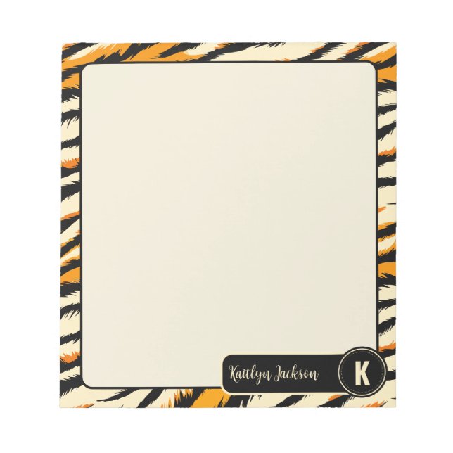 Schwarzes Oranges Tiger-Streifen-Muster-Monogramm Notizblock (Vorderseite)