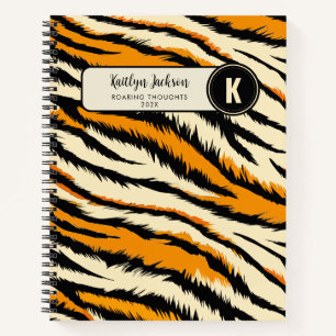 Schwarzes oranges Tiger-Streifen-Muster-Monogramm Notizbuch
