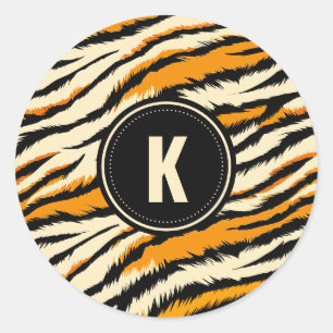 Schwarzes Oranges Tiger-Streifen-Muster-Monogramm Runder Aufkleber