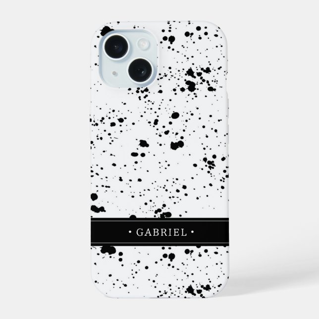 Schwarzes Paint-Spritzer-Muster | Name hinzufügen iPhone 15 Hülle (Rückseite)