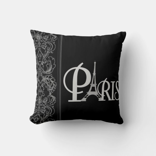 Schwarzes Paris-Wurfs-Kissen Kissen (Vorderseite)