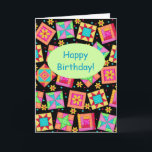 Schwarzes Patchwork Quilt Block Kunstfreude am Geb Karte<br><div class="desc">"Happy Birthday" to a quilter or quilt lover with this colorful fully customizable greeting card. Add your own words and names. Die Gefühle words inside the card can be customized to your own words. This Original quilt art makes vibrierte Color note or greeting card. Quilt art based on original Art...</div>