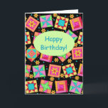 Schwarzes Patchwork Quilt Block Kunstfreude am Geb Karte<br><div class="desc">"Happy Birthday" to a quilter or quilt lover with this colorful fully customizable greeting card. Add your own words and names. Die Gefühle words inside the card can be customized to your own words. This Original quilt art makes vibrierte Color note or greeting card. Quilt art based on original Art...</div>