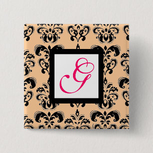 SCHWARZES PEACH DAMASK SQUARE PINK FUCHSIA MONOGRA BUTTON