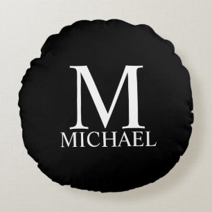 Schwarzes personalisiertes Monogramm und Name Rundes Kissen