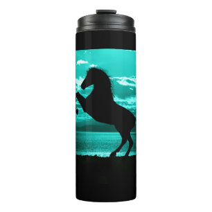 Schwarzes Pferd Aquamariner Himmel und Wasser Thermosbecher