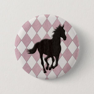 Schwarzes Pferd auf rosa weißem Diamant-Muster Button