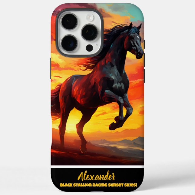 "Schwarzes Pferd bei Sonnenuntergang iPhone 16 Pro Max Hülle (Rückseite)