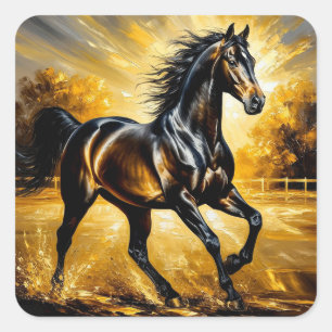 Schwarzes Pferd, das durch das Wasser im goldenen Quadratischer Aufkleber