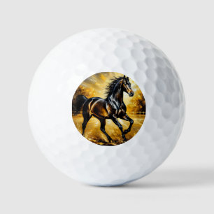 Schwarzes Pferd, das durch Wasser läuft im goldene Golfball
