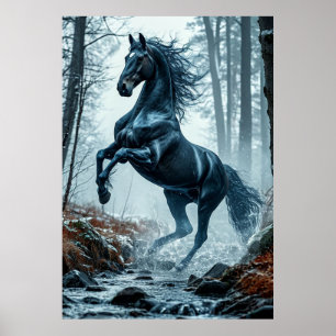 Schwarzes Pferd galoppiert durch einen Waldstrom Poster