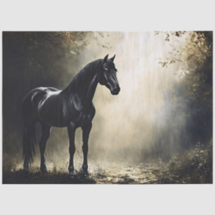 Schwarzes Pferd im nebligen Herbstwald Seidenpapier