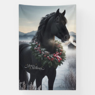Schwarzes Pferd im Schnee mit Weihnachtskranz Banner