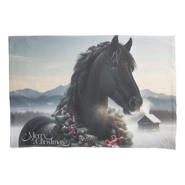 Schwarzes Pferd im Schnee mit Weihnachtskranz Kissenbezug (Vorderseite)