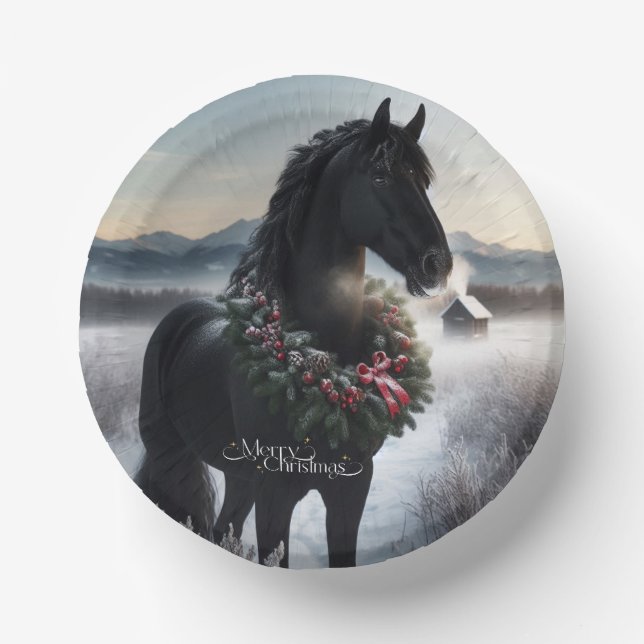 Schwarzes Pferd im Schnee mit Weihnachtskranz Pappteller (Vorderseite)