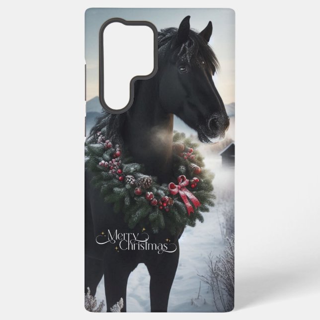 Schwarzes Pferd im Schnee mit Weihnachtskranz Samsung Galaxy Hülle (Rückseite)