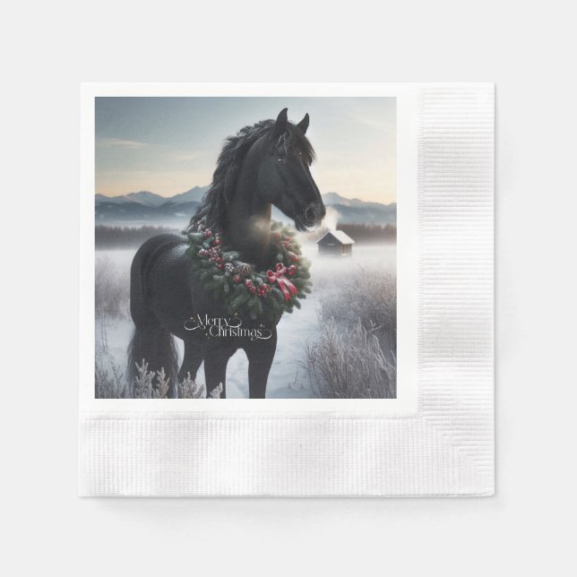 Schwarzes Pferd im Schnee mit Weihnachtskranz Serviette (Vorderseite)