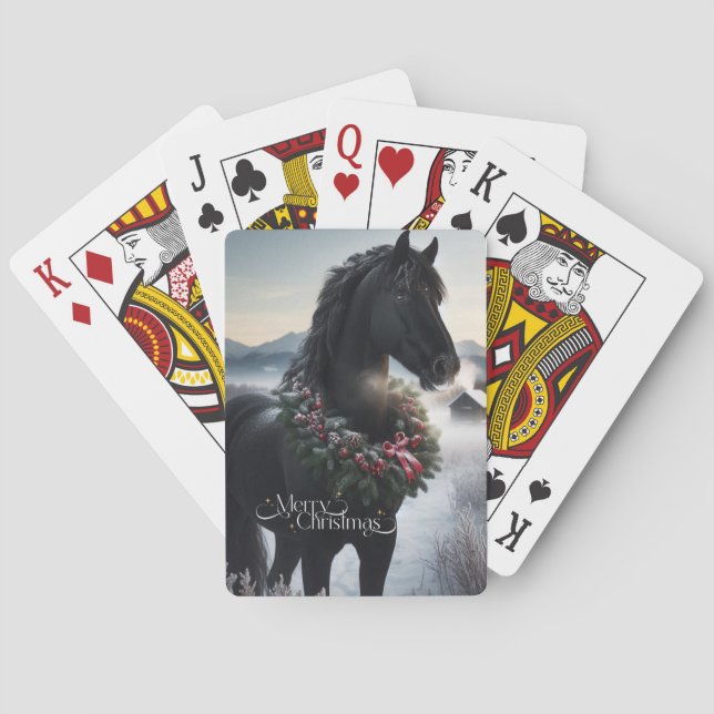 Schwarzes Pferd im Schnee mit Weihnachtskranz Spielkarten (Rückseite)