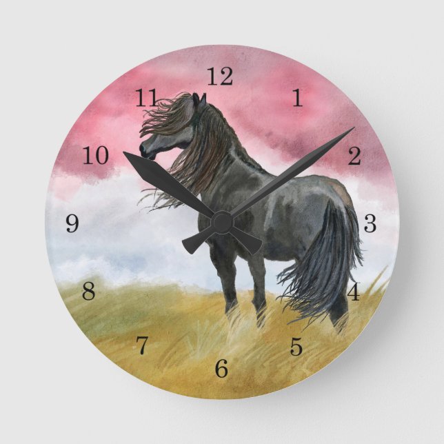 Schwarzes Pferd in der Feld-Wanduhr Runde Wanduhr (Vorderseite)